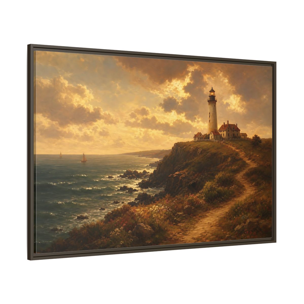 Side Mockup 8. Sunlit Cliff Lighthouse shown as framed canvas print