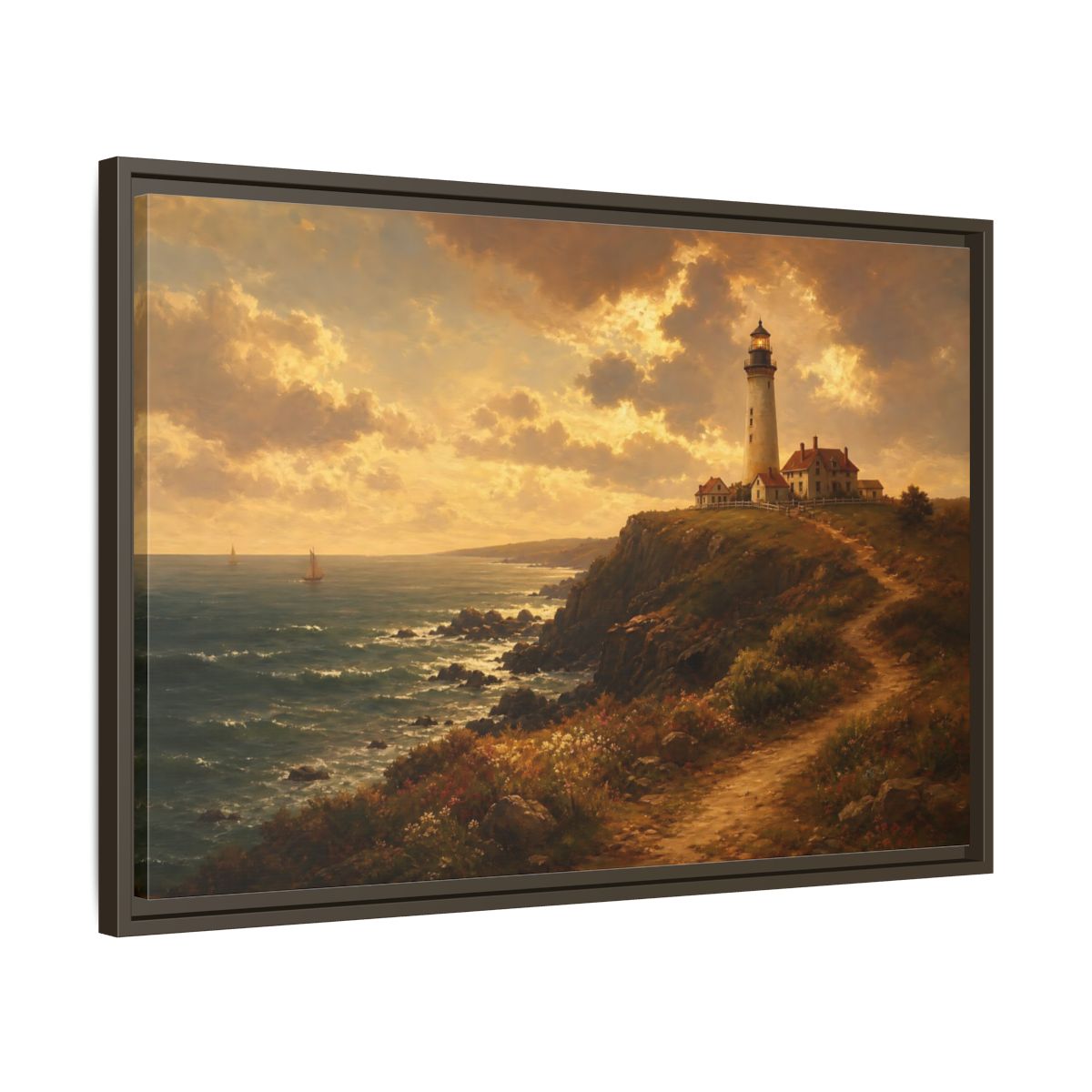 Side Mockup 11. Sunlit Cliff Lighthouse shown as framed canvas print