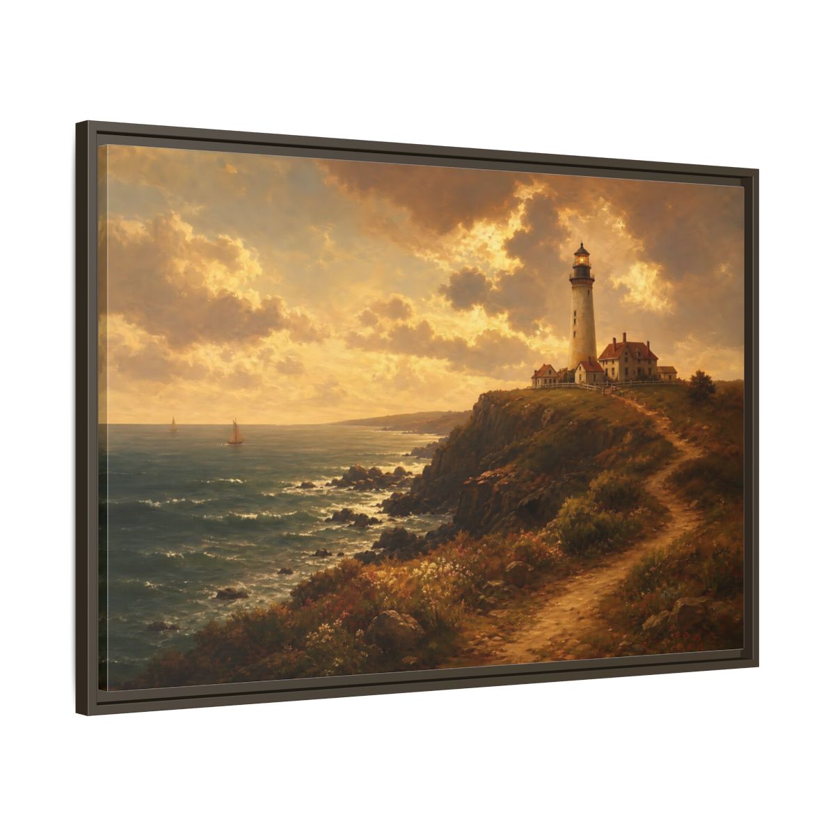 Main Mockup. Sunlit Cliff Lighthouse shown as framed canvas print