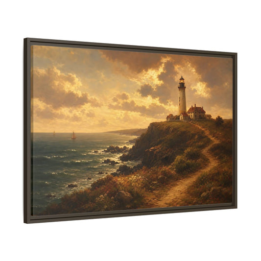 Main Mockup. Sunlit Cliff Lighthouse shown as framed canvas print