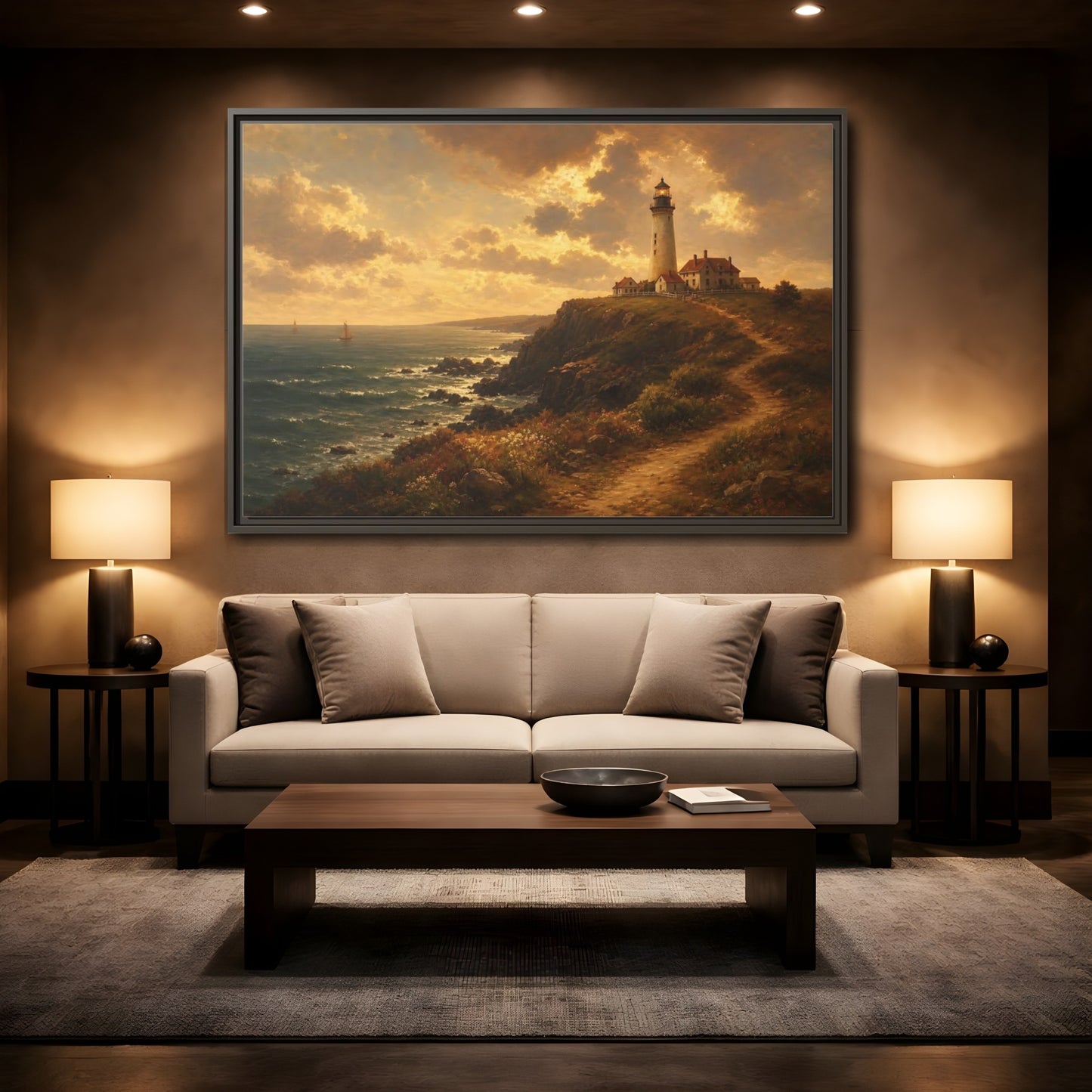 Mockup 2. Sunlit Cliff Lighthouse shown as framed canvas print