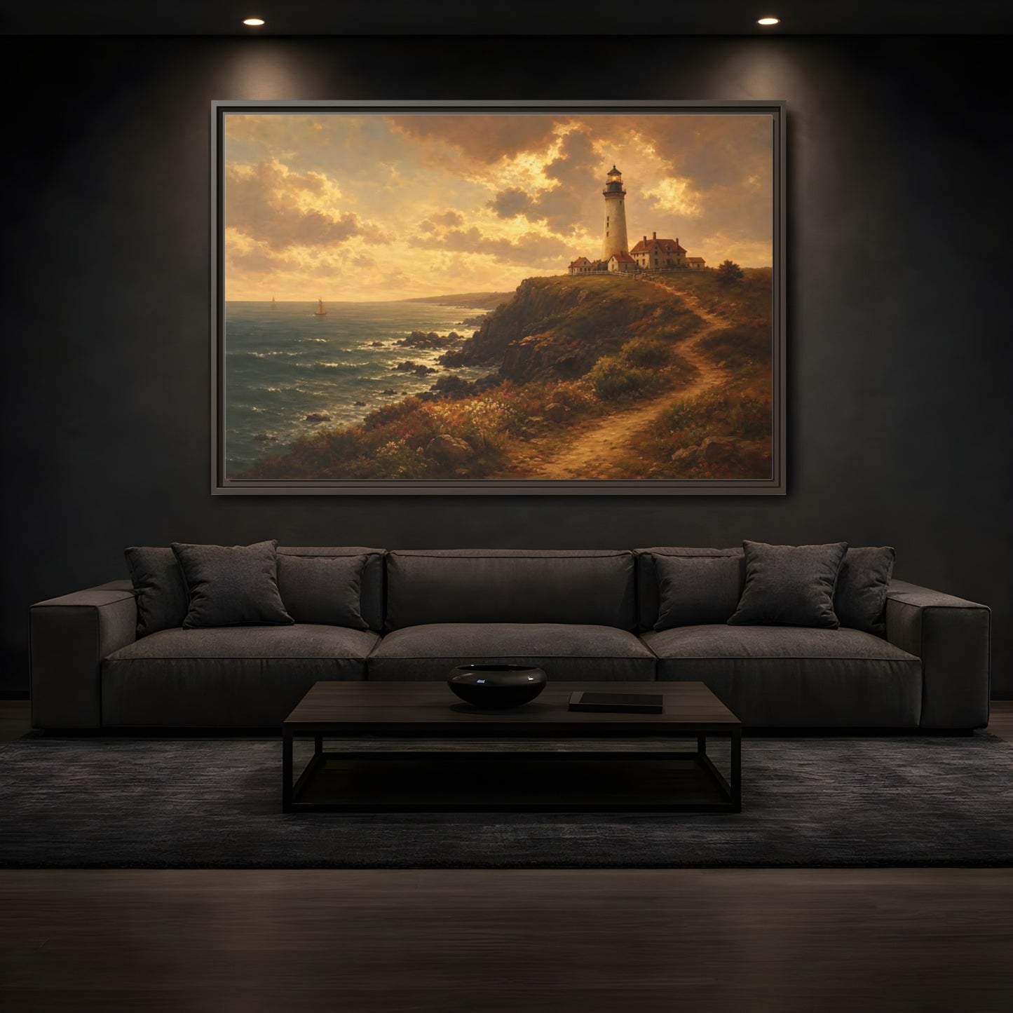 Mockup 3. Sunlit Cliff Lighthouse shown as framed canvas print