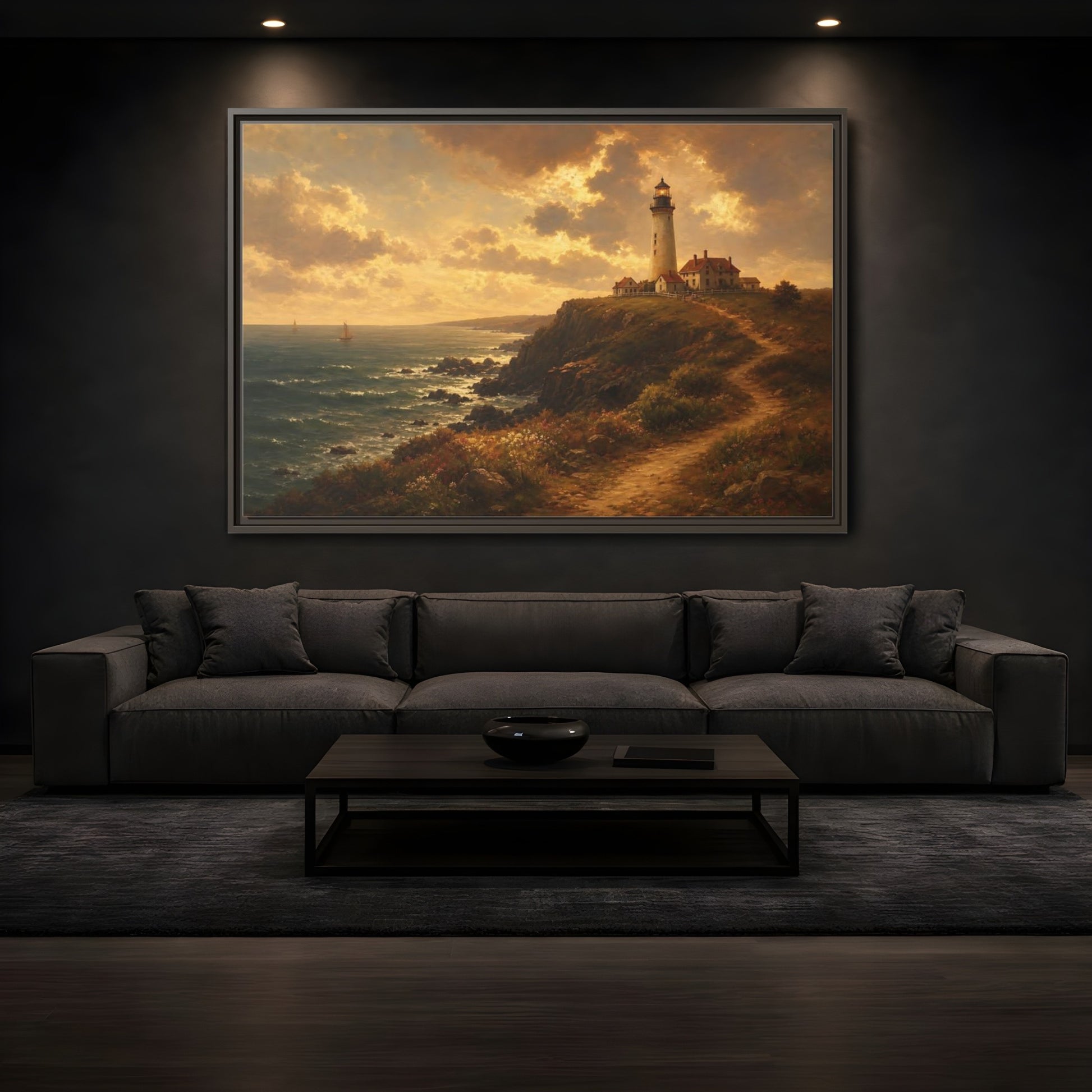 Mockup 3. Sunlit Cliff Lighthouse shown as framed canvas print