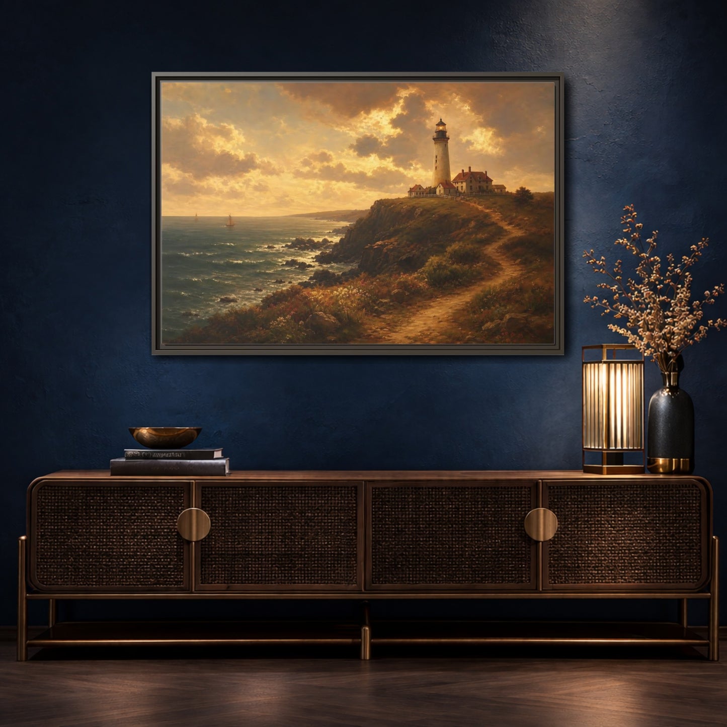 Mockup 4. Sunlit Cliff Lighthouse shown as framed canvas print