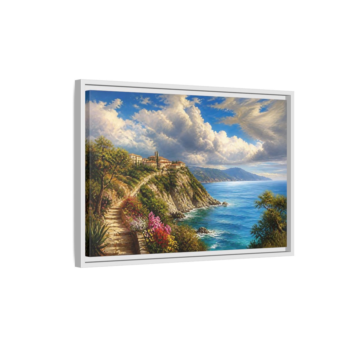 Side Mockup 1. Sunlit Cliffside Village shown as framed canvas print