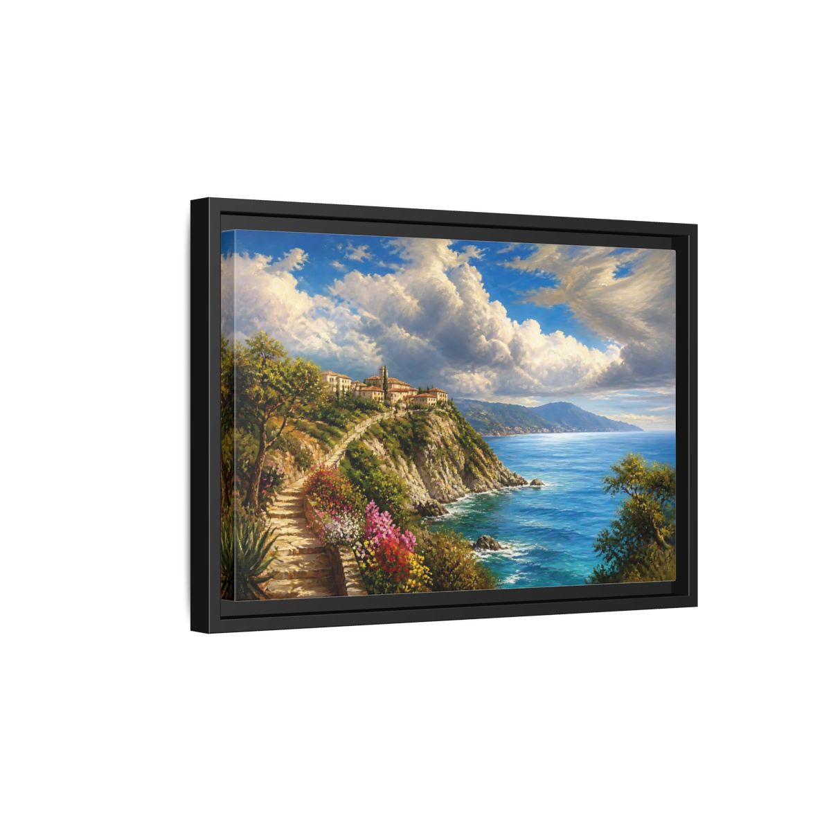 Side Mockup 6. Sunlit Cliffside Village shown as framed canvas print