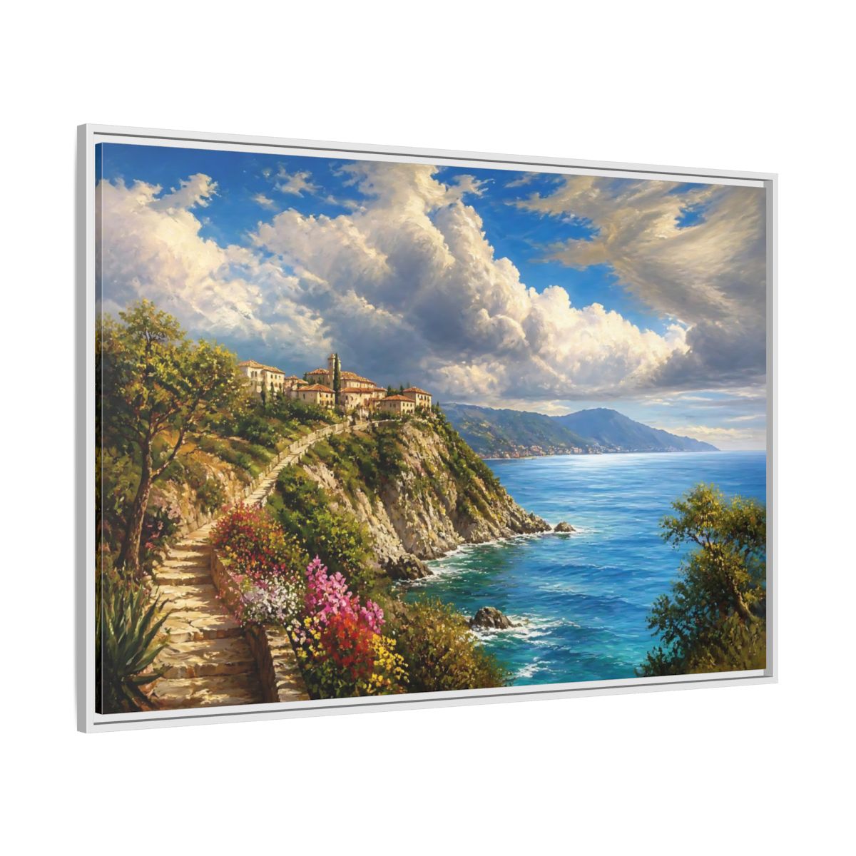 Side Mockup 7. Sunlit Cliffside Village shown as framed canvas print