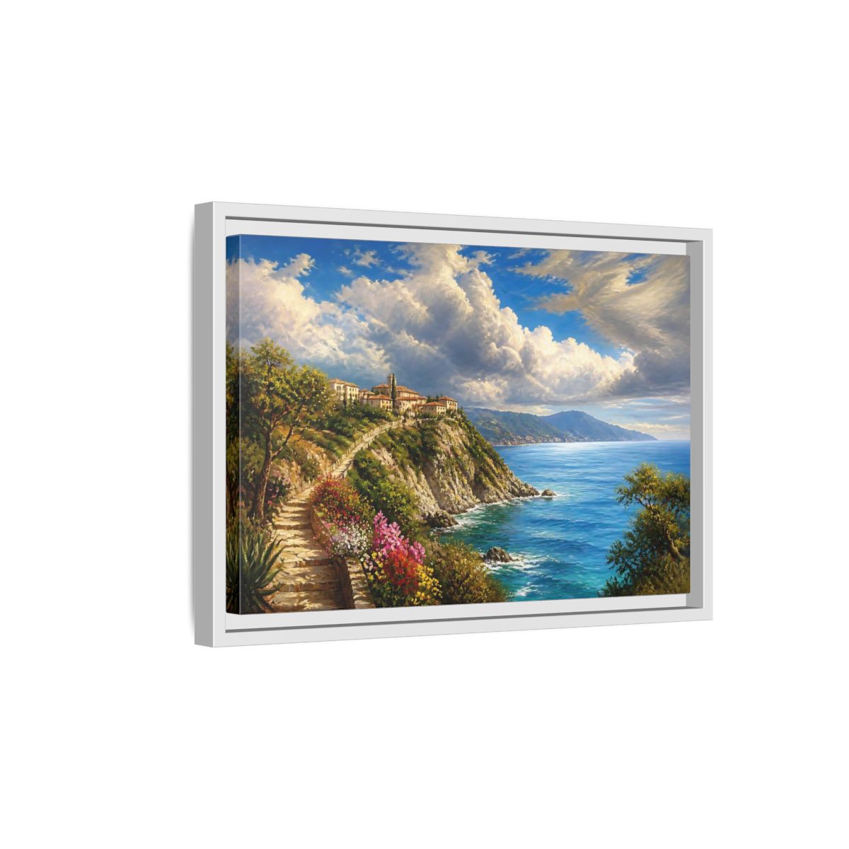 Side Mockup 4. Sunlit Cliffside Village shown as framed canvas print