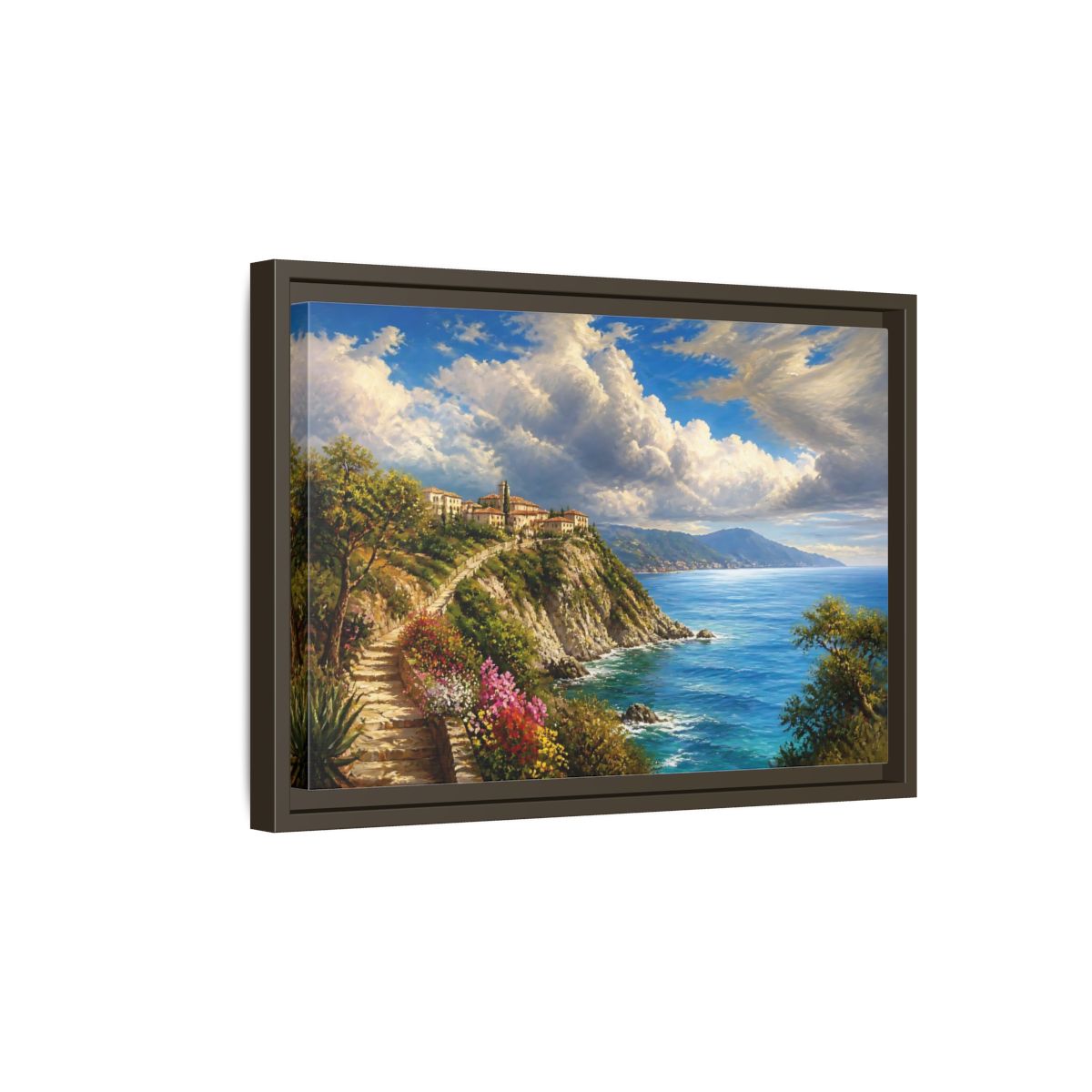Side Mockup 5. Sunlit Cliffside Village shown as framed canvas print