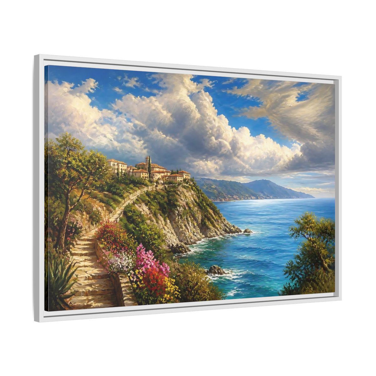 Side Mockup 9. Sunlit Cliffside Village shown as framed canvas print