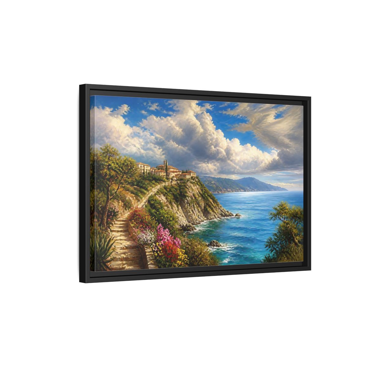 Side Mockup 3. Sunlit Cliffside Village shown as framed canvas print