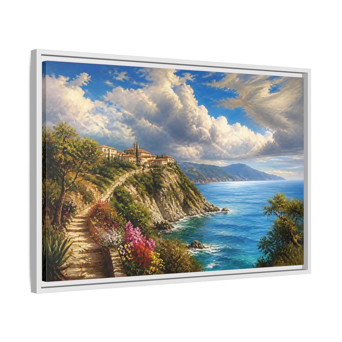 Side Mockup 10. Sunlit Cliffside Village shown as framed canvas print