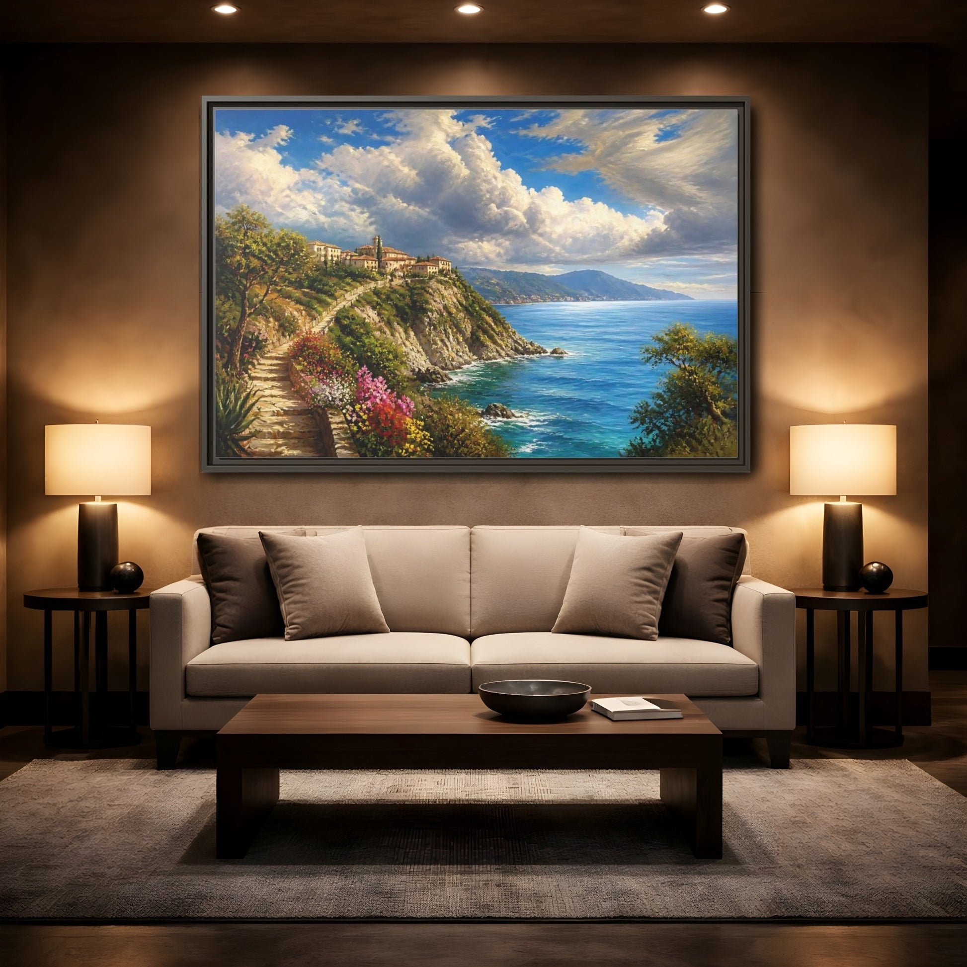 Mockup 2. Sunlit Cliffside Village shown as framed canvas print