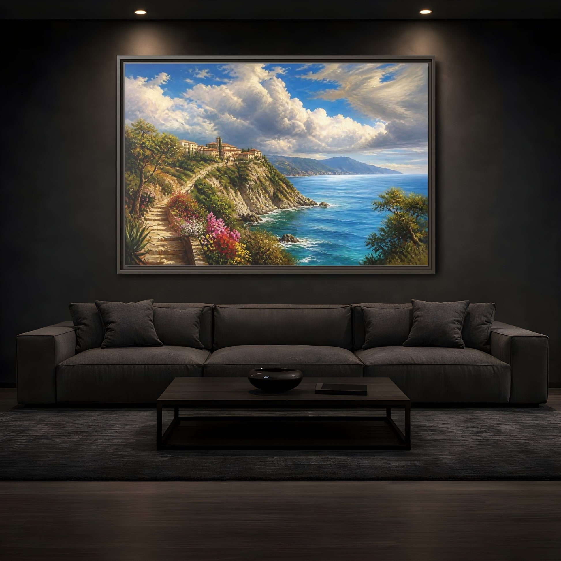 Mockup 3. Sunlit Cliffside Village shown as framed canvas print