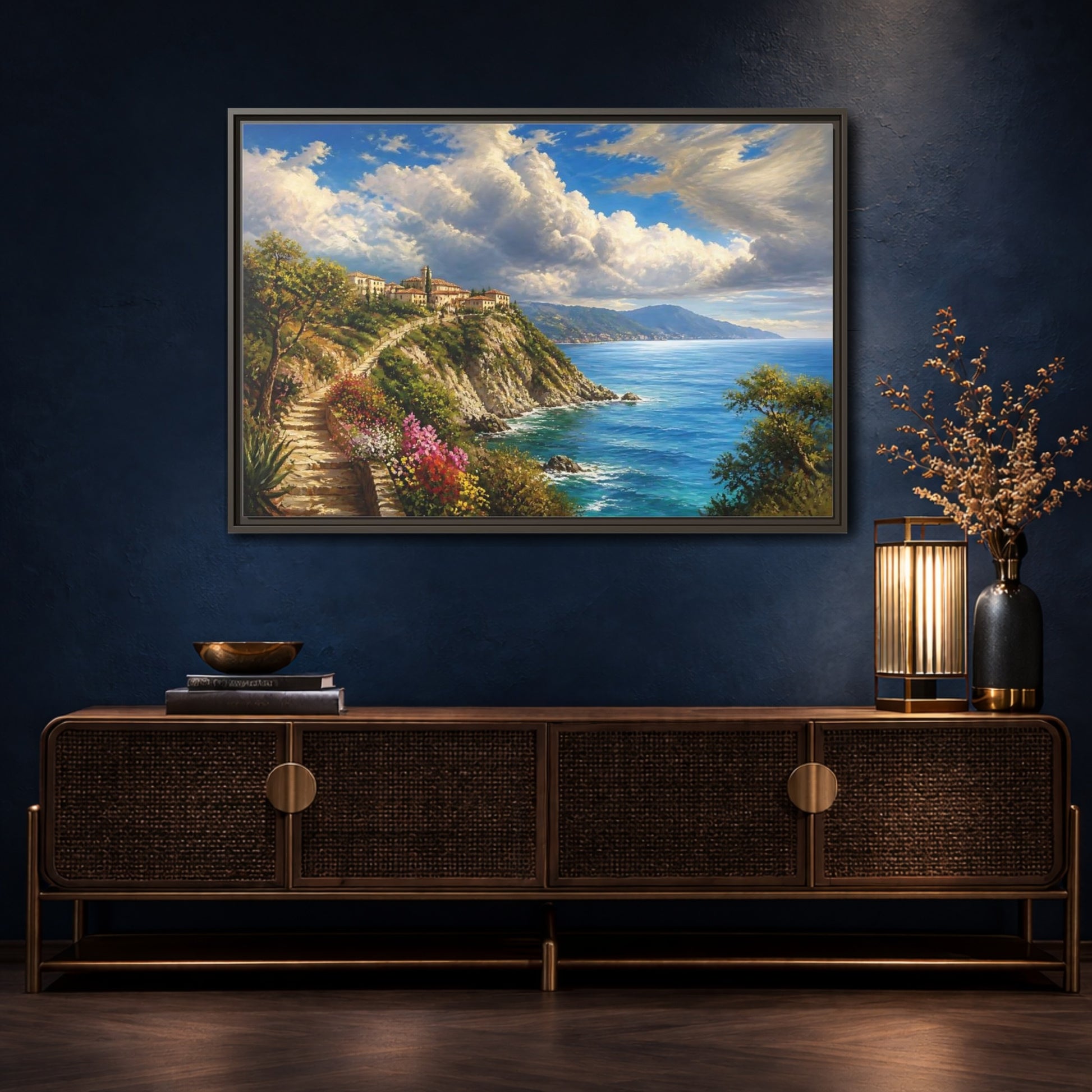 Mockup 4. Sunlit Cliffside Village shown as framed canvas print
