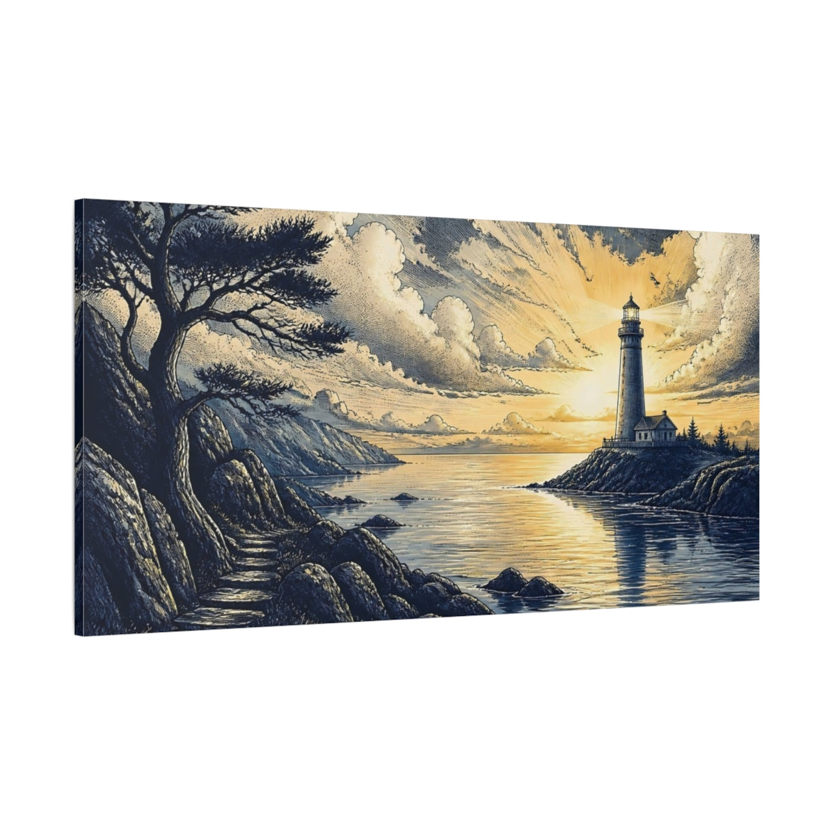Side Mockup 2. Sunlit Coastal Lighthouse shown as canvas print