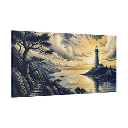 Side Mockup 2. Sunlit Coastal Lighthouse shown as canvas print