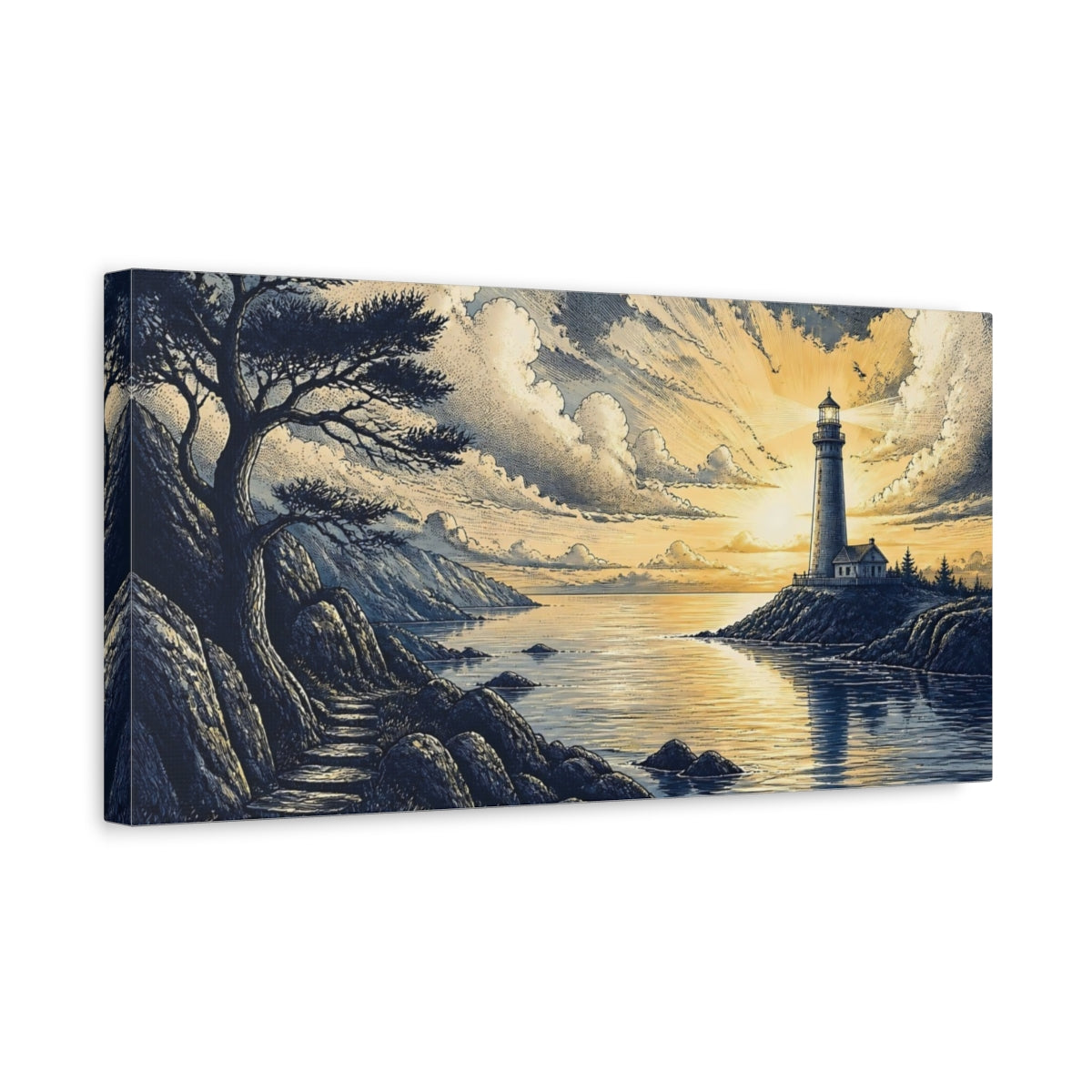 Side Mockup 3. Sunlit Coastal Lighthouse shown as canvas print