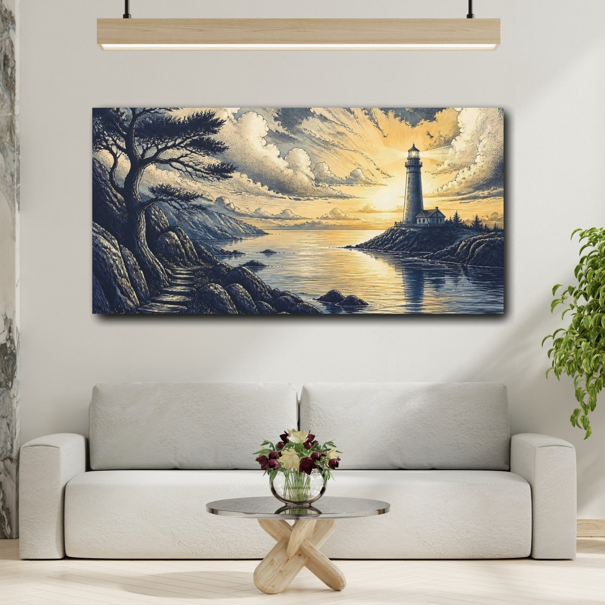 Mockup 2. Sunlit Coastal Lighthouse shown as canvas print