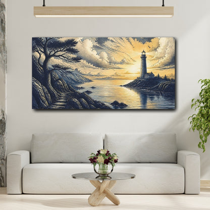 Mockup 2. Sunlit Coastal Lighthouse shown as canvas print