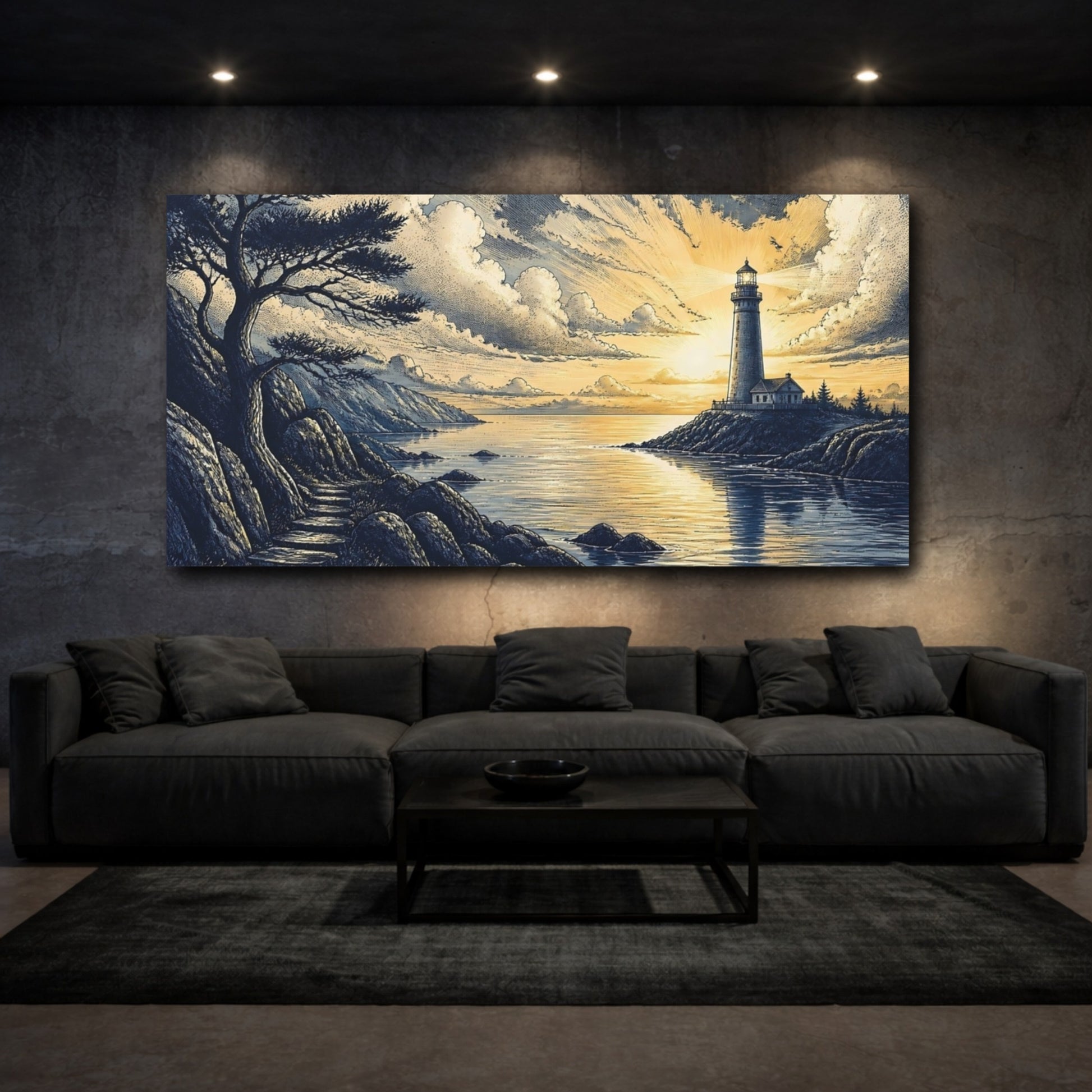 Mockup 3. Sunlit Coastal Lighthouse shown as canvas print