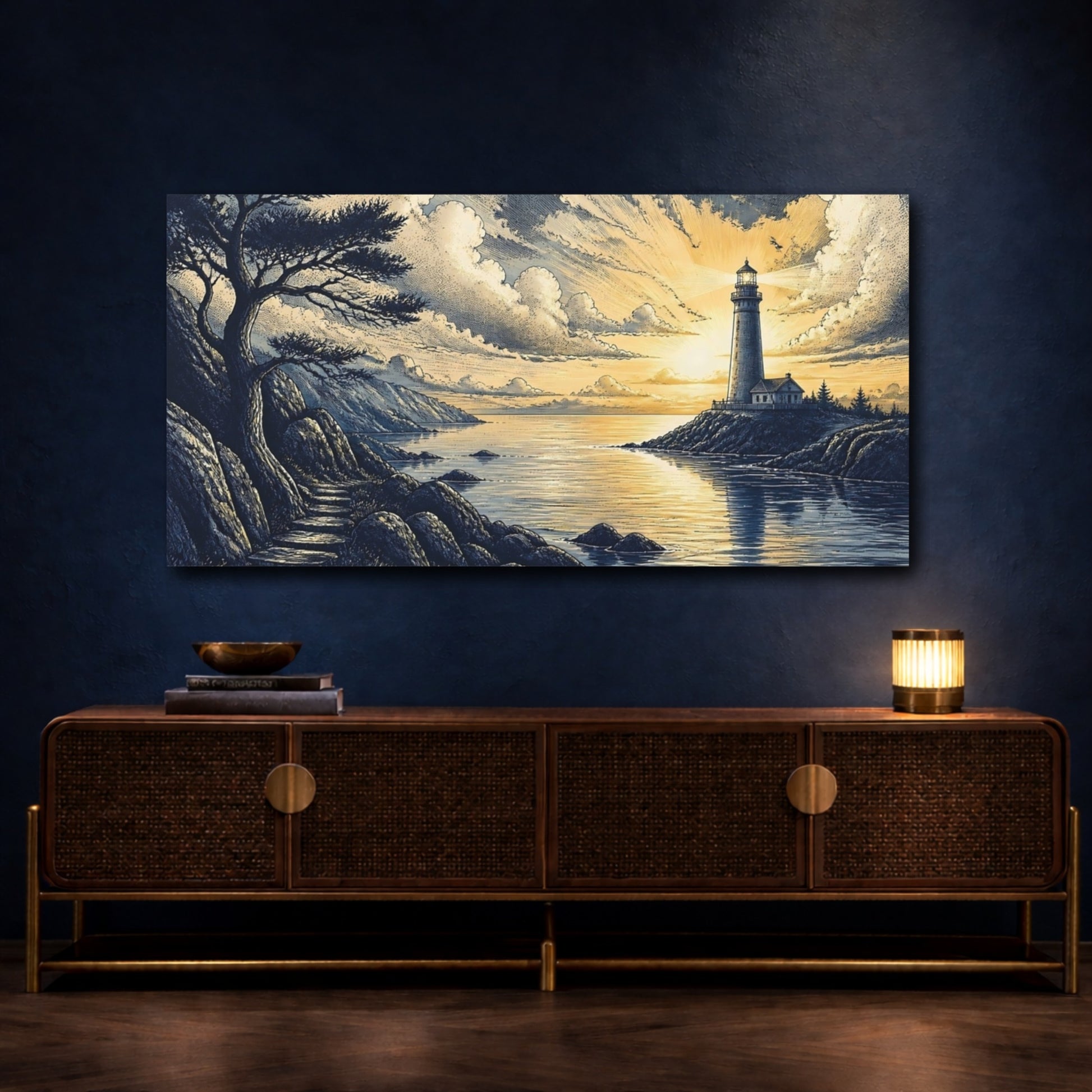 Mockup 4. Sunlit Coastal Lighthouse shown as canvas print