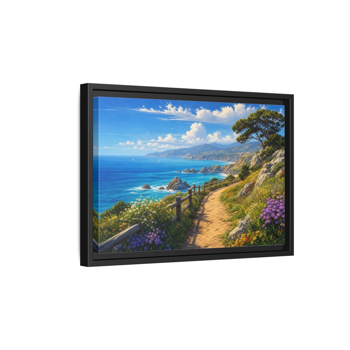 Side Mockup 6. Sunlit Coastal Pathway shown as framed canvas print