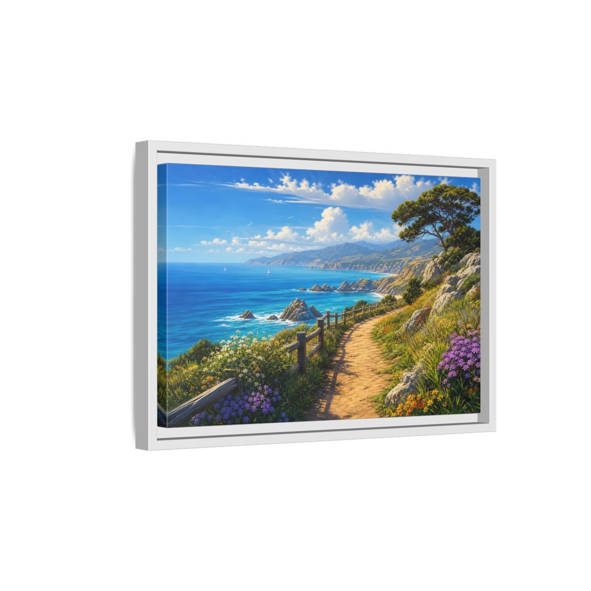 Side Mockup 4. Sunlit Coastal Pathway shown as framed canvas print