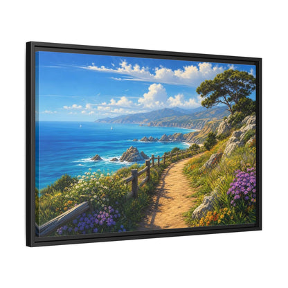 Side Mockup 14. Sunlit Coastal Pathway shown as framed canvas print