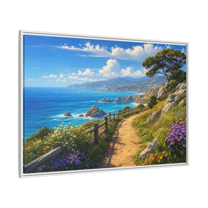 Side Mockup 7. Sunlit Coastal Pathway shown as framed canvas print