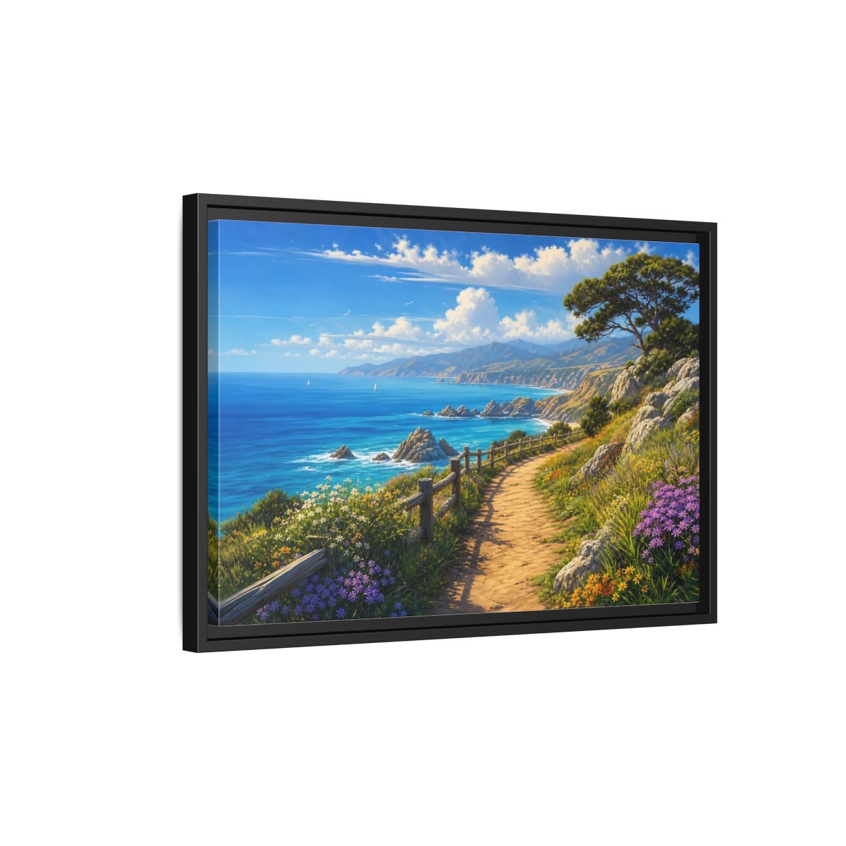 Side Mockup 3. Sunlit Coastal Pathway shown as framed canvas print