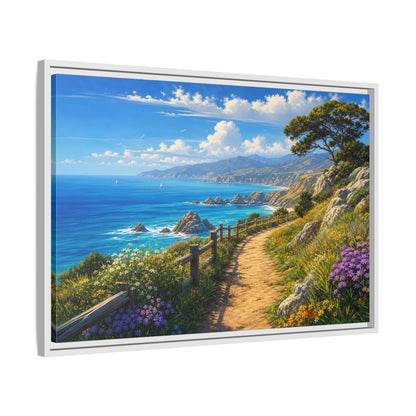 Side Mockup 10. Sunlit Coastal Pathway shown as framed canvas print