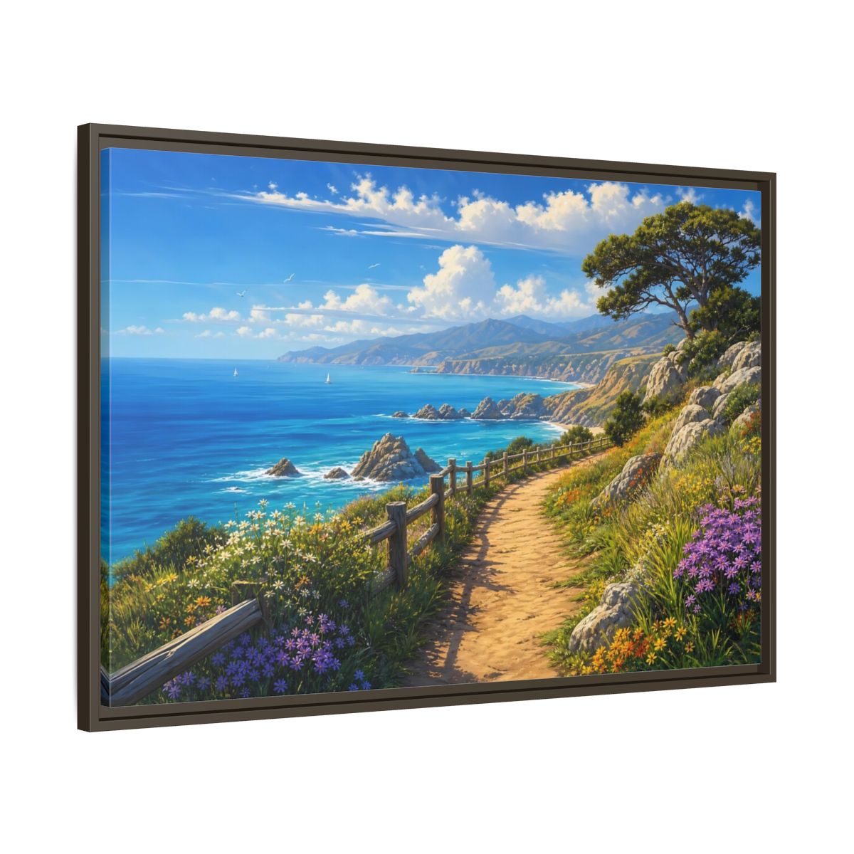Main Mockup. Sunlit Coastal Pathway shown as framed canvas print