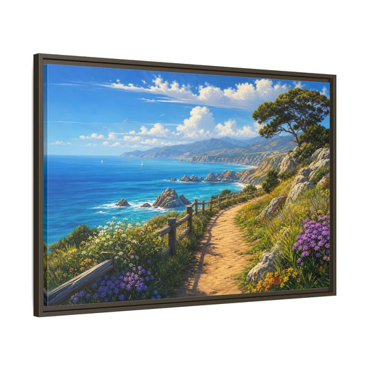 Main Mockup. Sunlit Coastal Pathway shown as framed canvas print