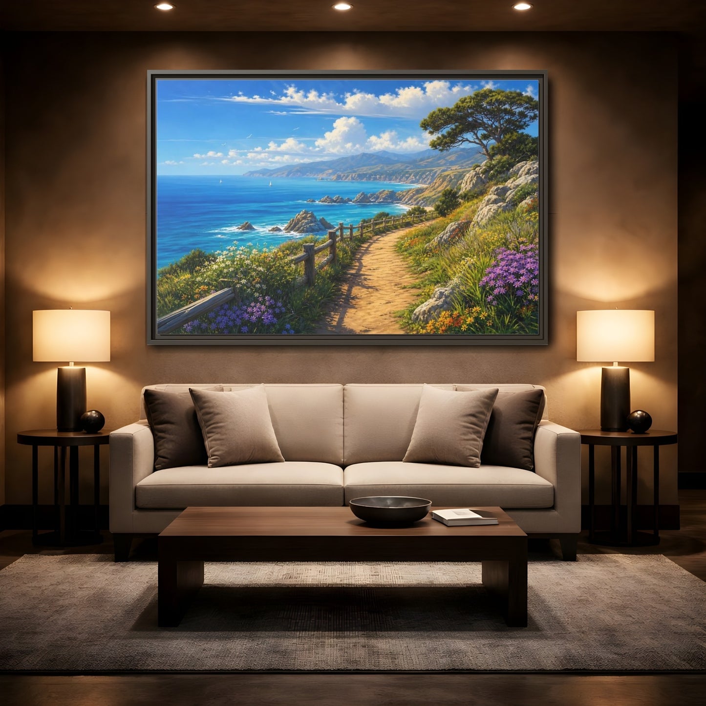 Mockup 2. Sunlit Coastal Pathway shown as framed canvas print