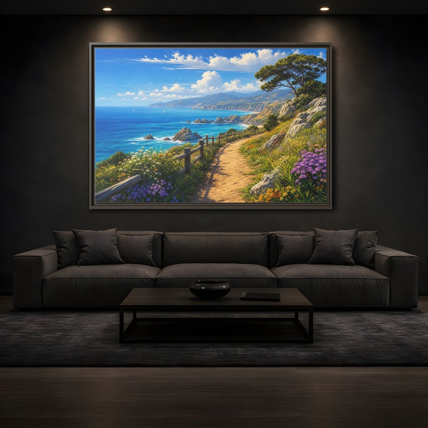 Mockup 3. Sunlit Coastal Pathway shown as framed canvas print