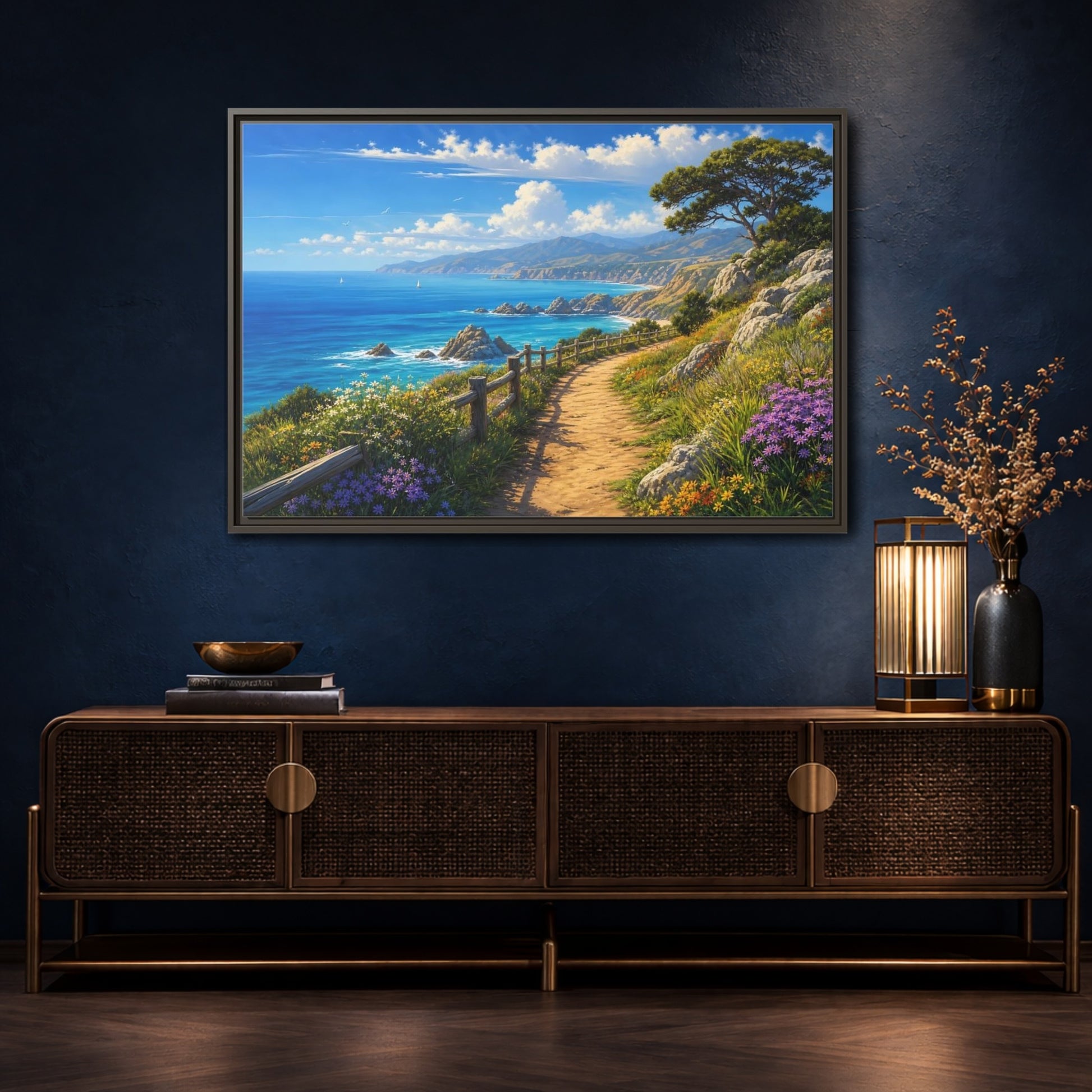 Mockup 4. Sunlit Coastal Pathway shown as framed canvas print
