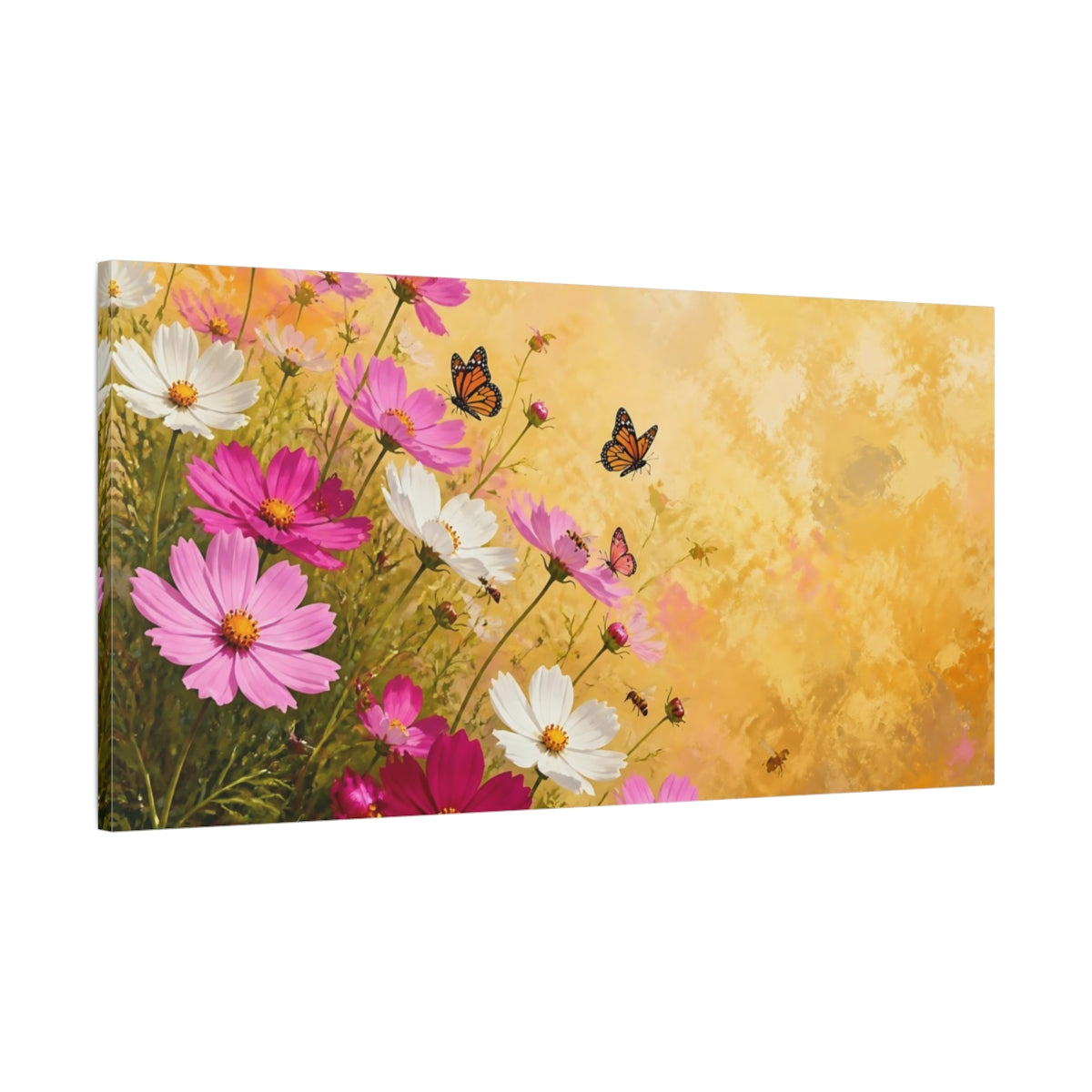Main Mockup. Sunlit Cosmos And Butterflies shown as canvas print