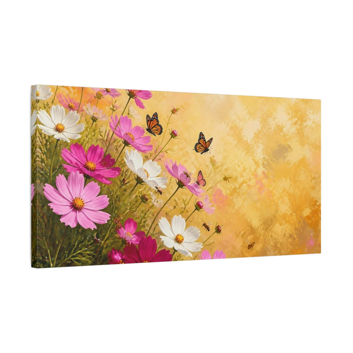 Side Mockup 1. Sunlit Cosmos And Butterflies shown as canvas print