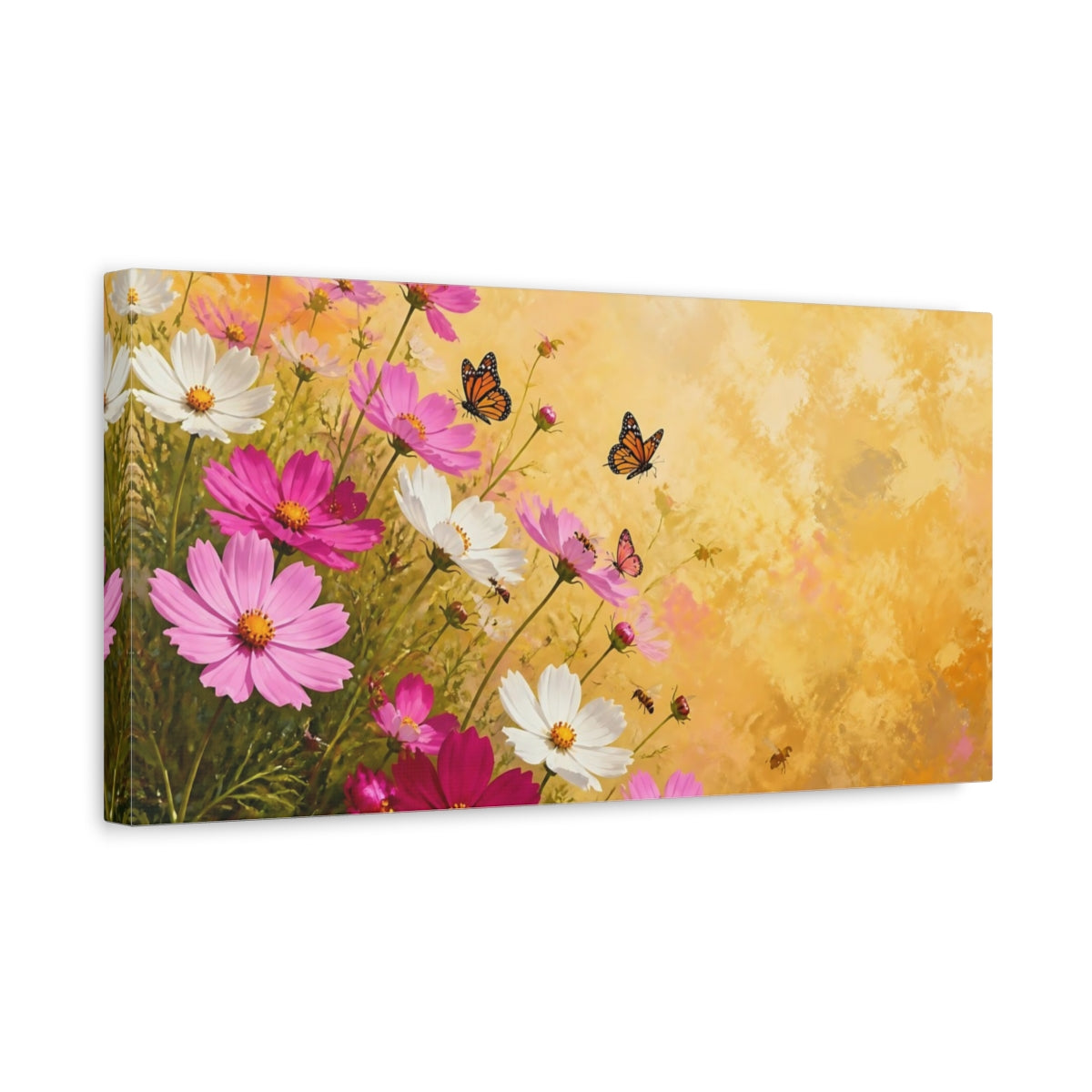 Side Mockup 3. Sunlit Cosmos And Butterflies shown as canvas print