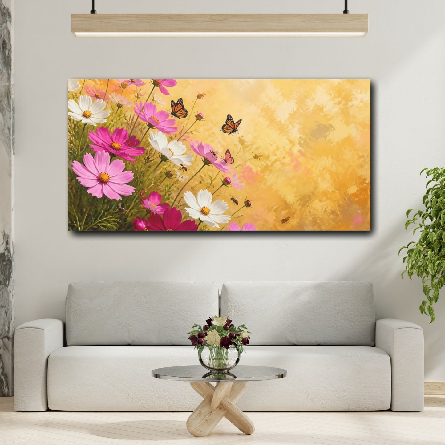Mockup 2. Sunlit Cosmos And Butterflies shown as canvas print