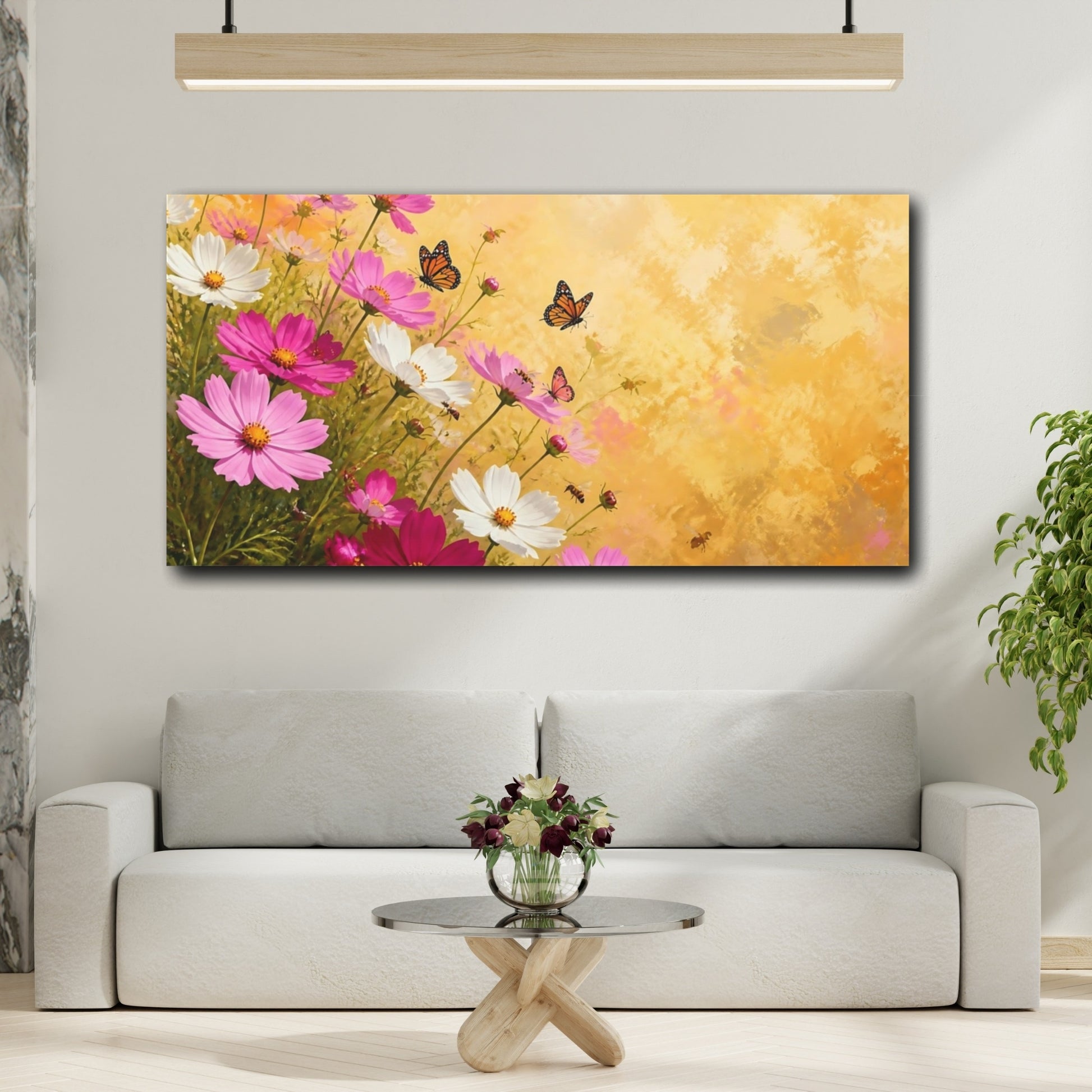 Mockup 2. Sunlit Cosmos And Butterflies shown as canvas print
