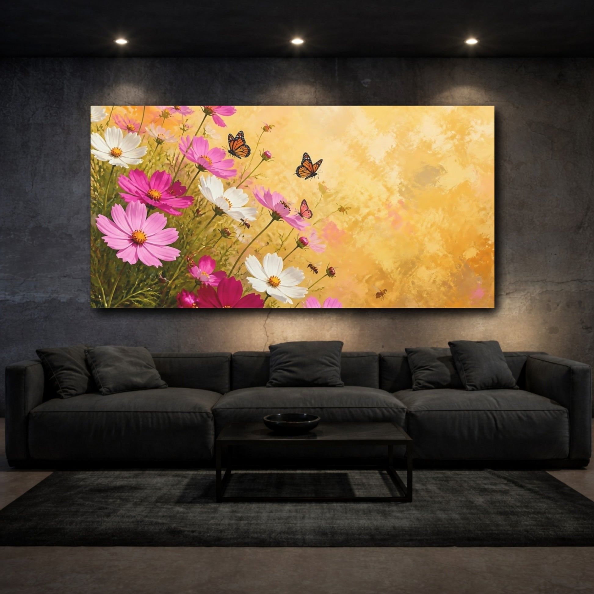 Mockup 3. Sunlit Cosmos And Butterflies shown as canvas print