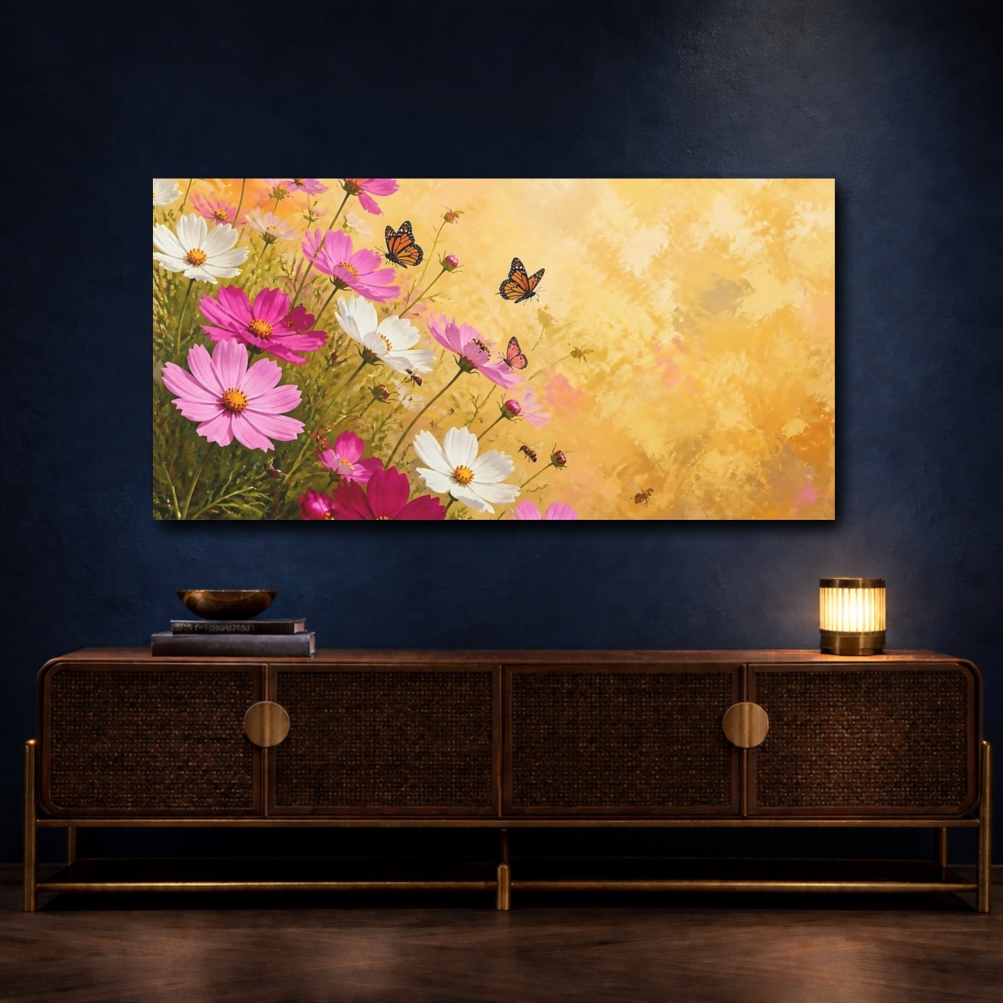 Mockup 4. Sunlit Cosmos And Butterflies shown as canvas print