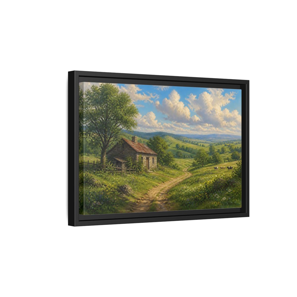Side Mockup 6. Sunlit Country Cottage shown as framed canvas print