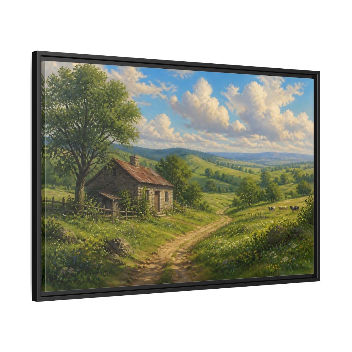 Side Mockup 13. Sunlit Country Cottage shown as framed canvas print