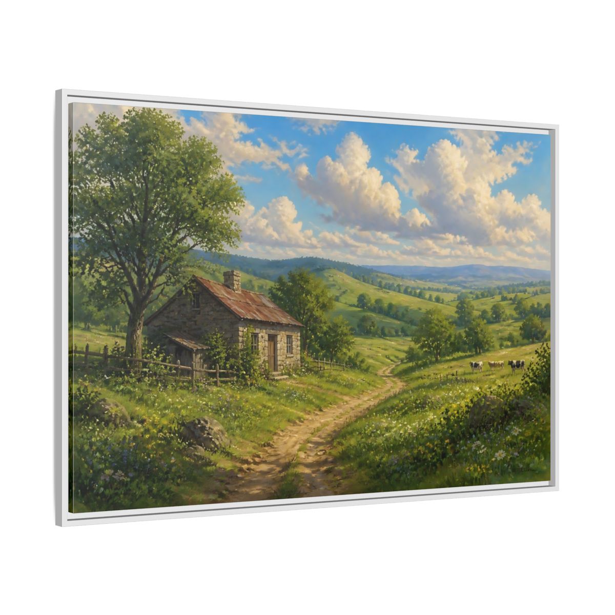 Side Mockup 7. Sunlit Country Cottage shown as framed canvas print