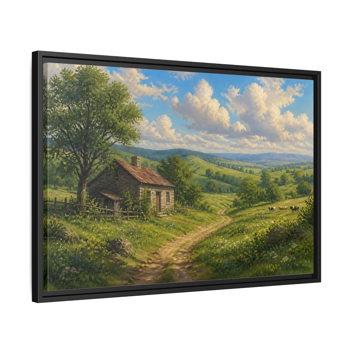 Side Mockup 14. Sunlit Country Cottage shown as framed canvas print