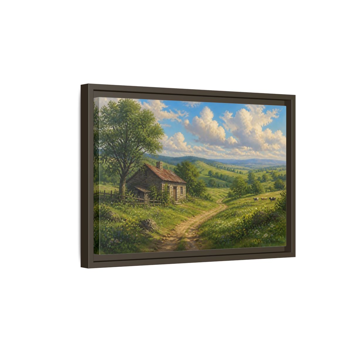 Side Mockup 5. Sunlit Country Cottage shown as framed canvas print