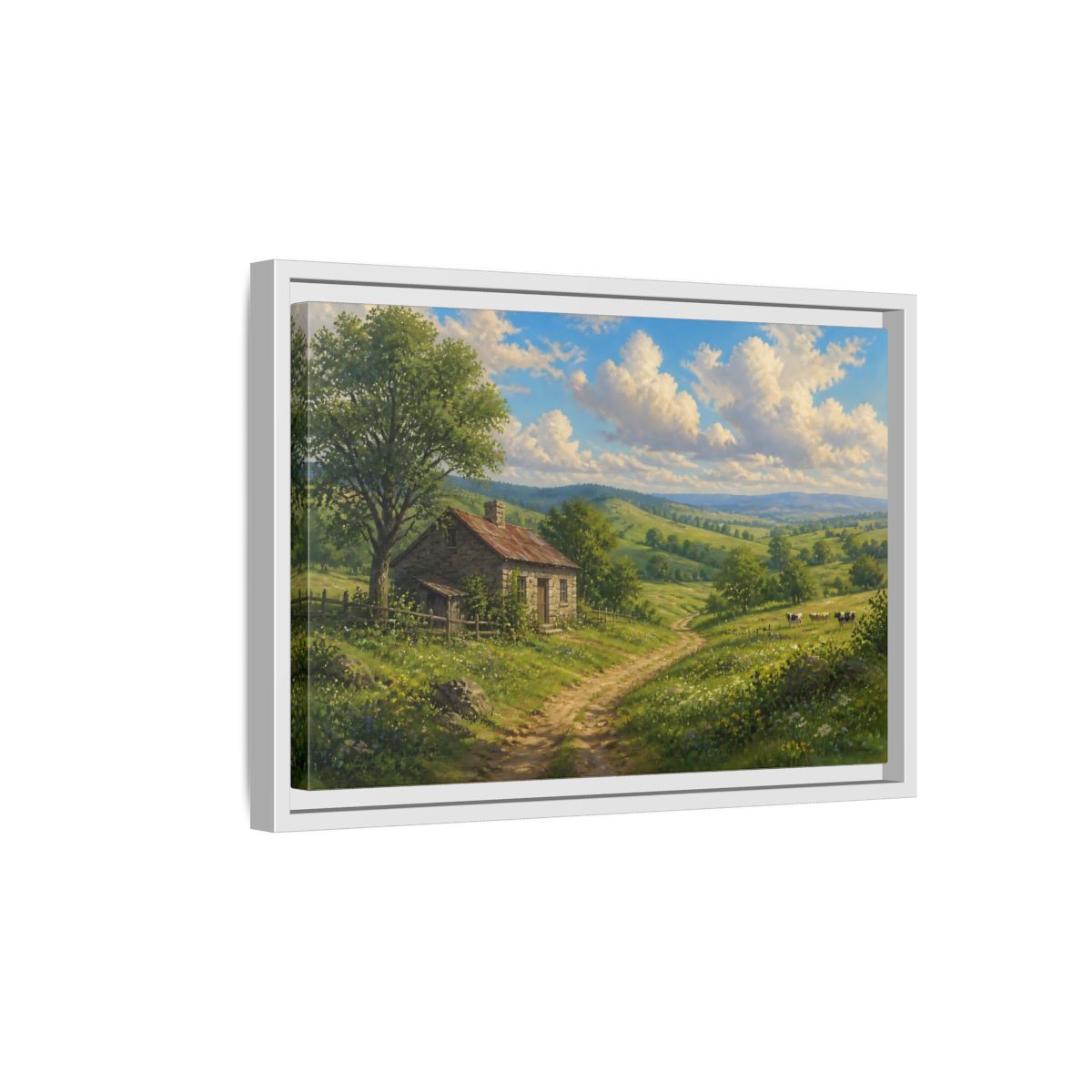 Side Mockup 4. Sunlit Country Cottage shown as framed canvas print